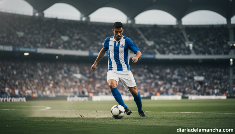 A football midfielder in action during a semifinal match, controlling the ball in a stadium with a crowd in the background...