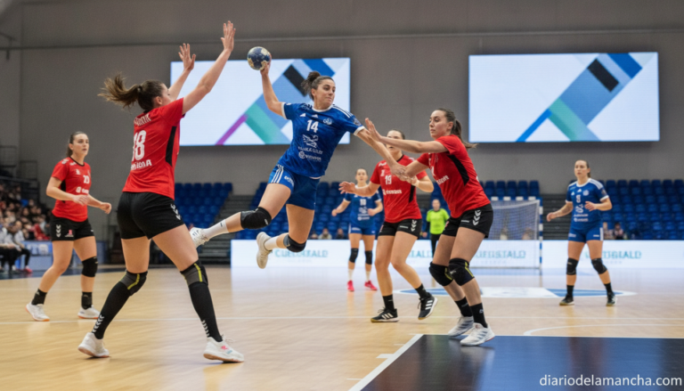 Women's handball match in an indoor sports arena, female players in action during a handball game, dynamic motion, realist...