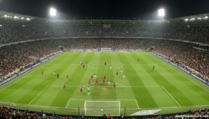 Two international football teams playing on a large stadium pitch at night, colorful spectators in the stands, floodlights...
