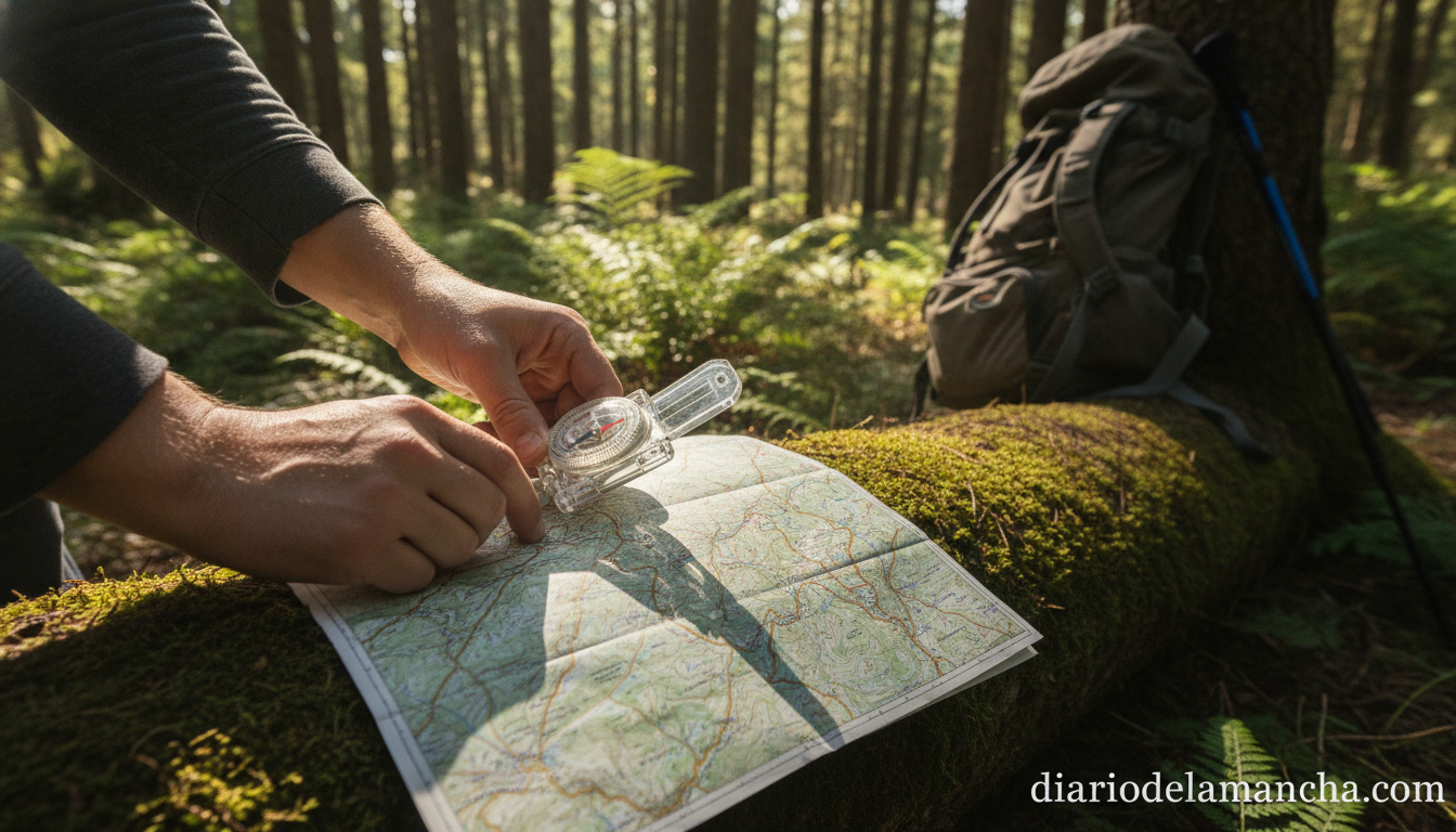 Brújula de orientación ligera sobre mapa topográfico durante excursión de senderismo