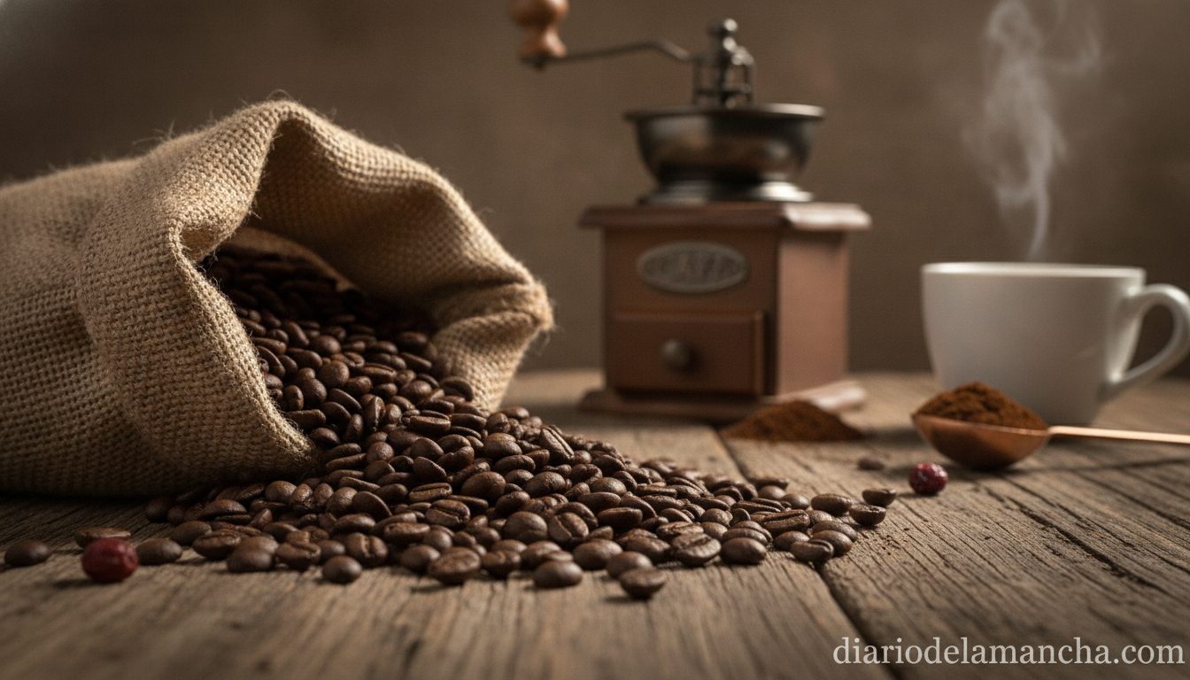 Granos de café enteros de alta calidad sobre mesa de madera rústica