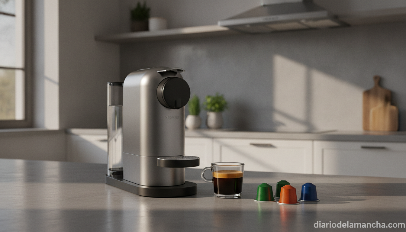Cafetera Nespresso en cocina moderna preparando café espresso