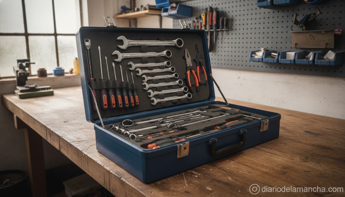 Domina el arte del bricolaje en casa con cajas de herramientas robustas y organizadas 1 Caja de herramientas organizada en taller de bricolaje con herramientas ordenadas