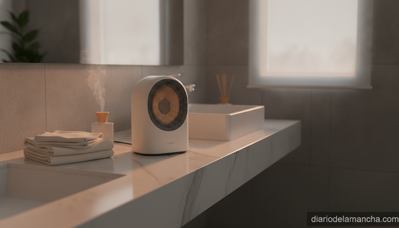Calefactor portátil y silencioso de Amazon al mejor precio: la solución perfecta contra el frío en el baño y la oficina 1 Calefactor cerámico portátil en baño moderno encendido en día frío