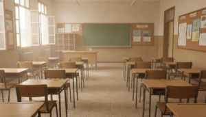 Aula de colegio español vacía en verano, pupitres ordenados, luz natural entrando por las ventanas, ambiente sereno de fin...