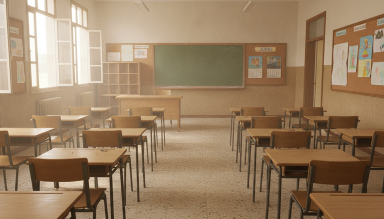 Aula de colegio español vacía en verano, pupitres ordenados, luz natural entrando por las ventanas, ambiente sereno de fin...