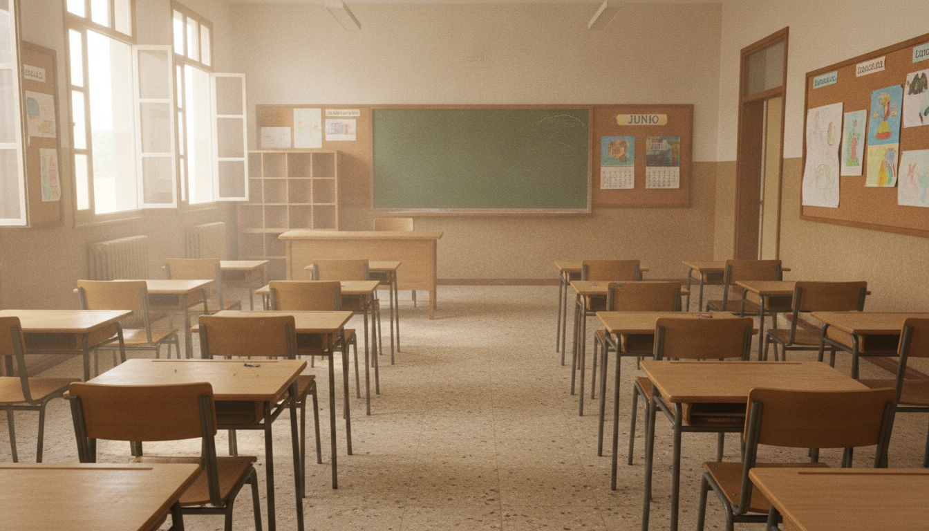 Aula de colegio español vacía en verano, pupitres ordenados, luz natural entrando por las ventanas, ambiente sereno de fin...