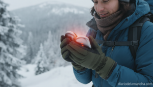 Calentadores de manos eléctricos portátiles en uso al aire libre en invierno