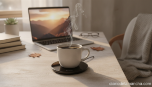 Calienta tazas en escritorio de oficina en casa