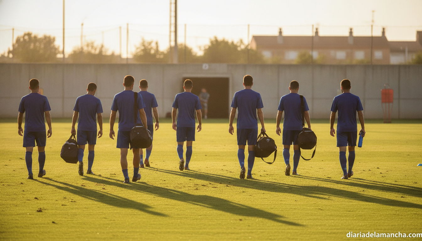 Football players walking off a pitch at the end of a training session, from behind, no faces visible, afternoon light, rea...