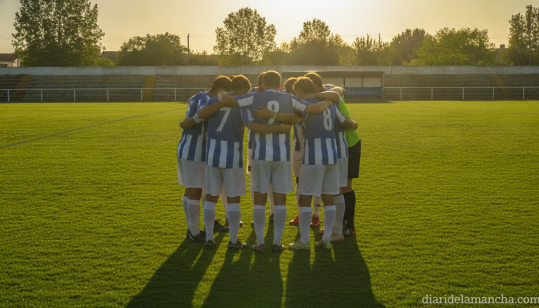 Football players from a small Spanish city amateur football team huddled together on a well-maintained grass pitch during ...