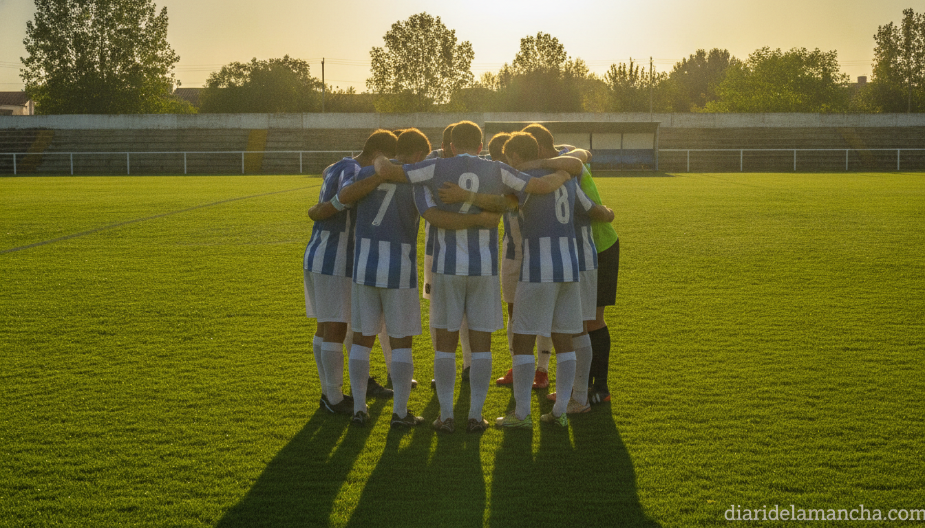 Football players from a small Spanish city amateur football team huddled together on a well-maintained grass pitch during ...