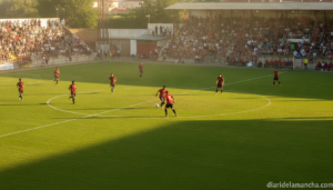 Football match scene in a Spanish regional stadium, players in red and black jerseys competing on a well-maintained grass ...