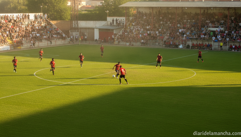 Football match scene in a Spanish regional stadium, players in red and black jerseys competing on a well-maintained grass ...