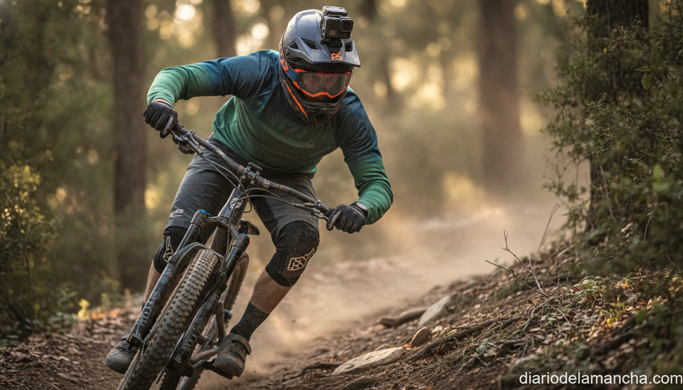 Cámara GoPro en casco de ciclista de montaña en plena aventura