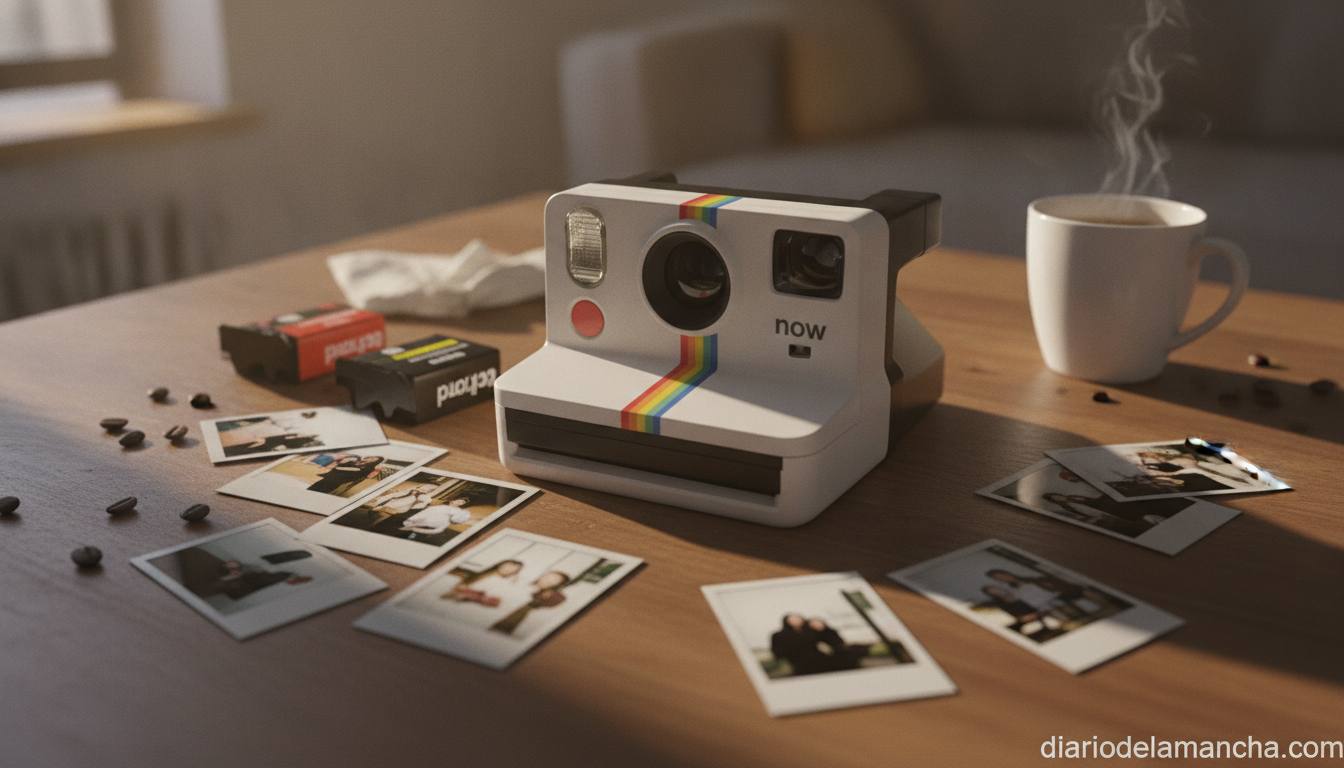 Cámara Polaroid instantánea con fotos reveladas en mesa de madera