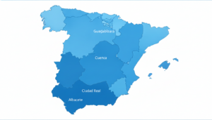 Mapa de Castilla-La Mancha con sus cinco provincias destacadas en tonos azules, estilo infográfico administrativo, sin tex...