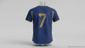 A football national team jersey displayed on a mannequin or clothing stand, neutral background, no identifying logos, no f...