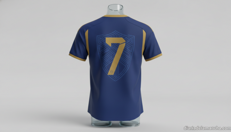 A football national team jersey displayed on a mannequin or clothing stand, neutral background, no identifying logos, no f...