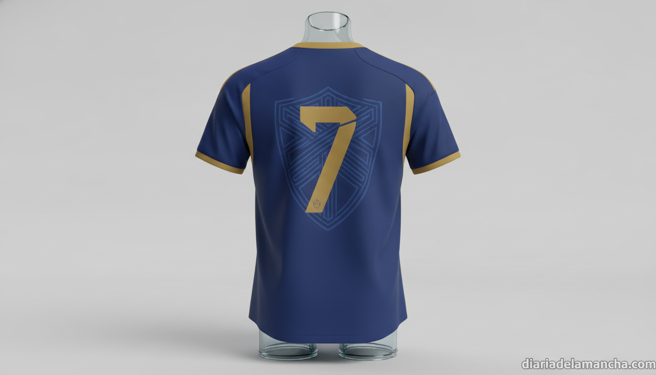 A football national team jersey displayed on a mannequin or clothing stand, neutral background, no identifying logos, no f...