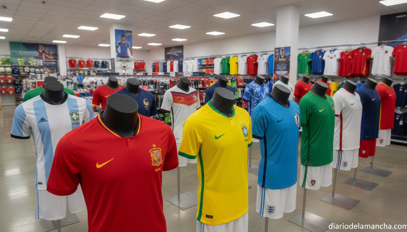 Camisetas de selecciones nacionales de fútbol expuestas en una tienda deportiva