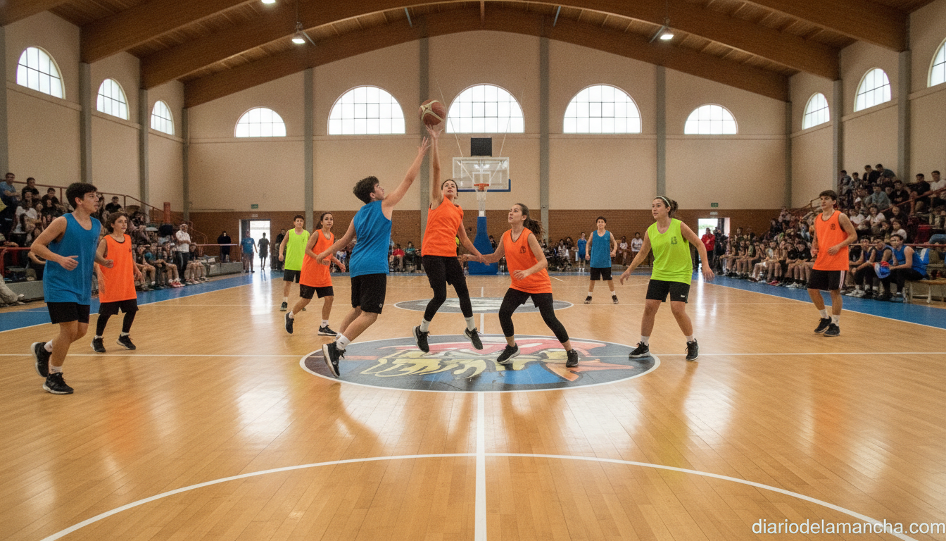 Young basketball players competing in a 3x3 street basketball tournament inside a Spanish indoor sports pavilion, teenager...
