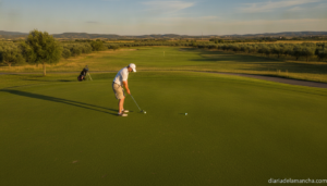 Golf player about to putt on a green course in central Spain, sunny afternoon, grass fairway, golf bag visible in backgrou...