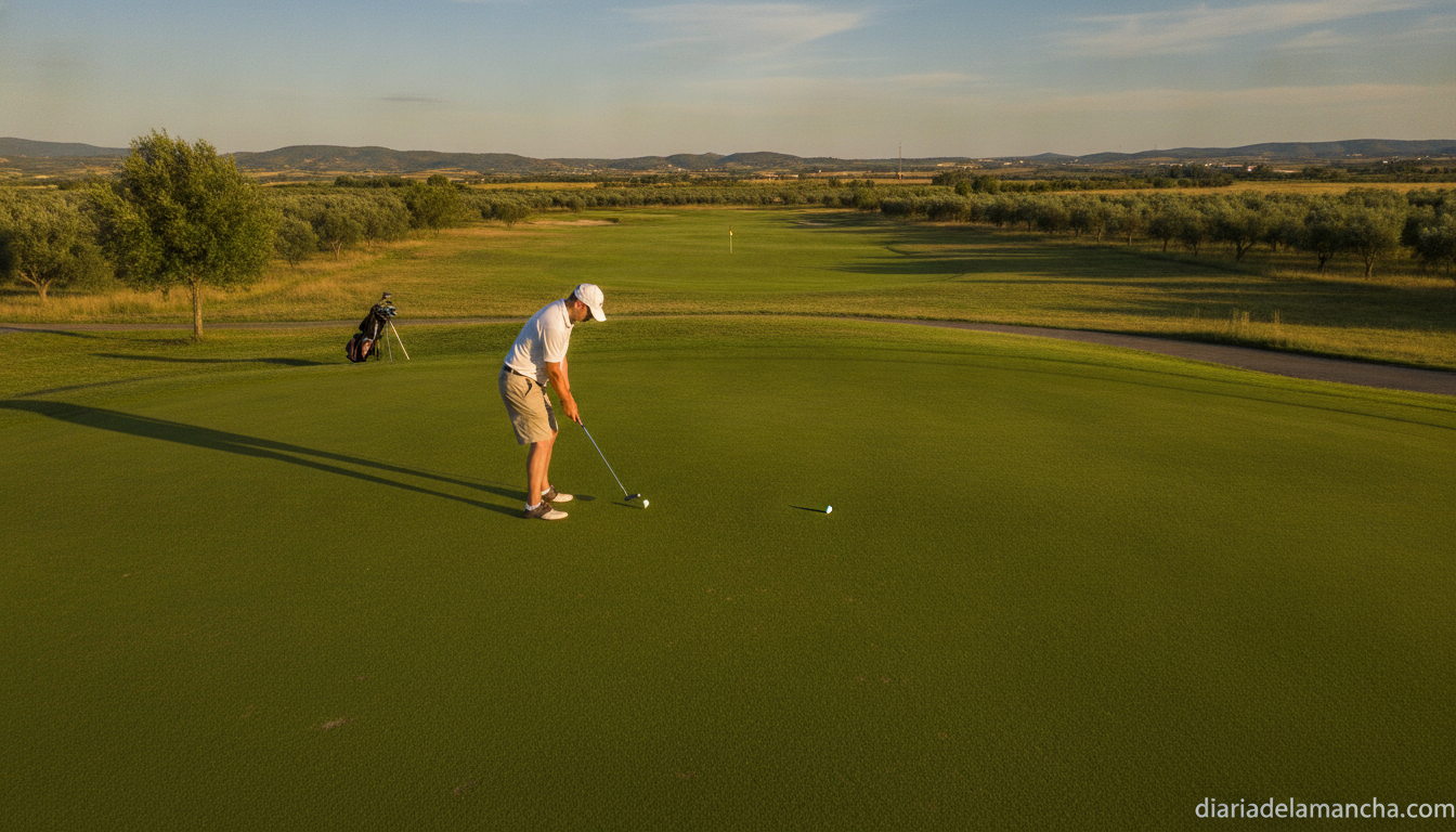 Golf player about to putt on a green course in central Spain, sunny afternoon, grass fairway, golf bag visible in backgrou...