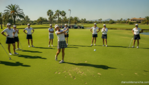 Female golfers competing in a golf tournament on a sunny green course, one player taking a swing on the fairway with other...