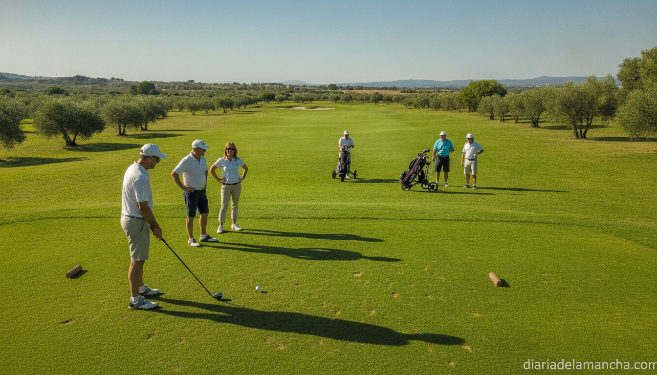 Group of amateur golfers on a sunny golf course in Spain, green fairway, panoramic landscape, some players getting ready t...