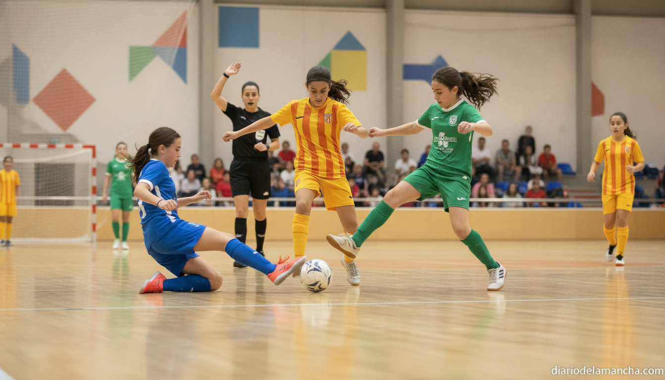 Young girls playing futsal (indoor football) in a sports pavilion in Spain, dynamic action shot during a match, referee vi...