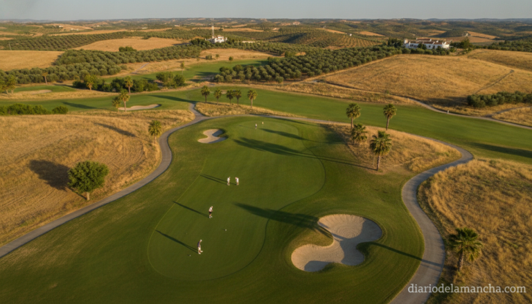 Golf course in Castilla-La Mancha region, Spain, players on a green playing pitch and putt, sunny summer day, aerial view ...