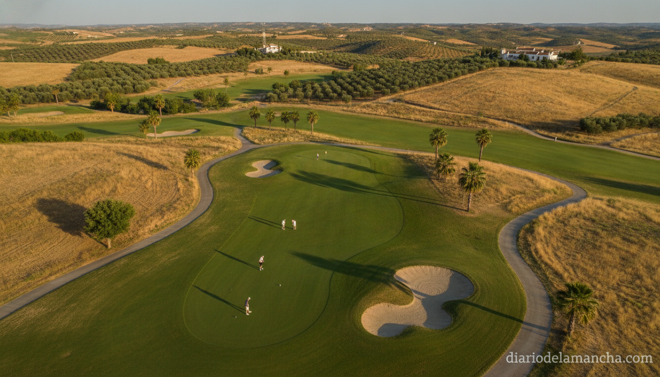 Golf course in Castilla-La Mancha region, Spain, players on a green playing pitch and putt, sunny summer day, aerial view ...