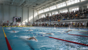 Indoor swimming pool competition, swimmers racing in lanes during a regional championship, splashing water, sport atmosphe...