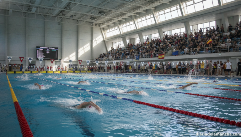 Indoor swimming pool competition, swimmers racing in lanes during a regional championship, splashing water, sport atmosphe...