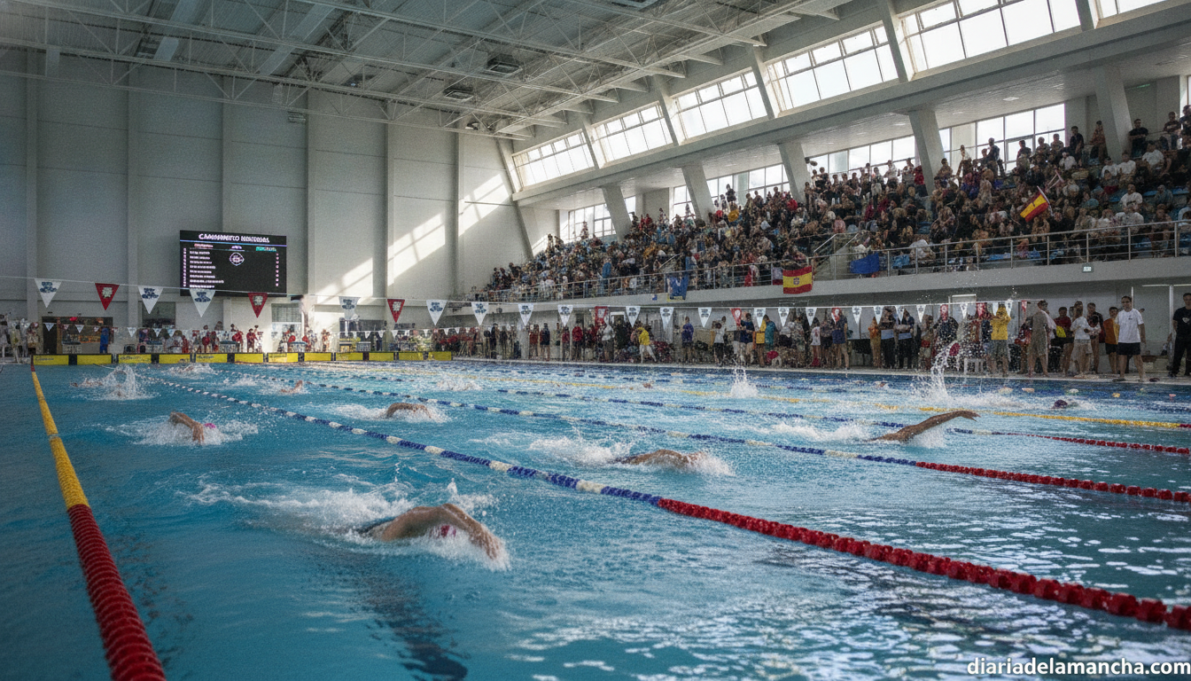 Indoor swimming pool competition, swimmers racing in lanes during a regional championship, splashing water, sport atmosphe...