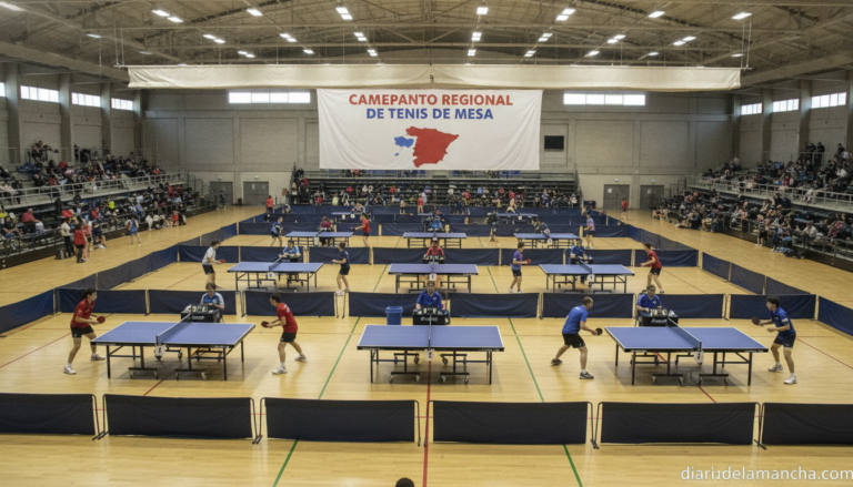 A table tennis regional championship inside a sports pavilion in Spain, ten competition tables set up in a large indoor sp...