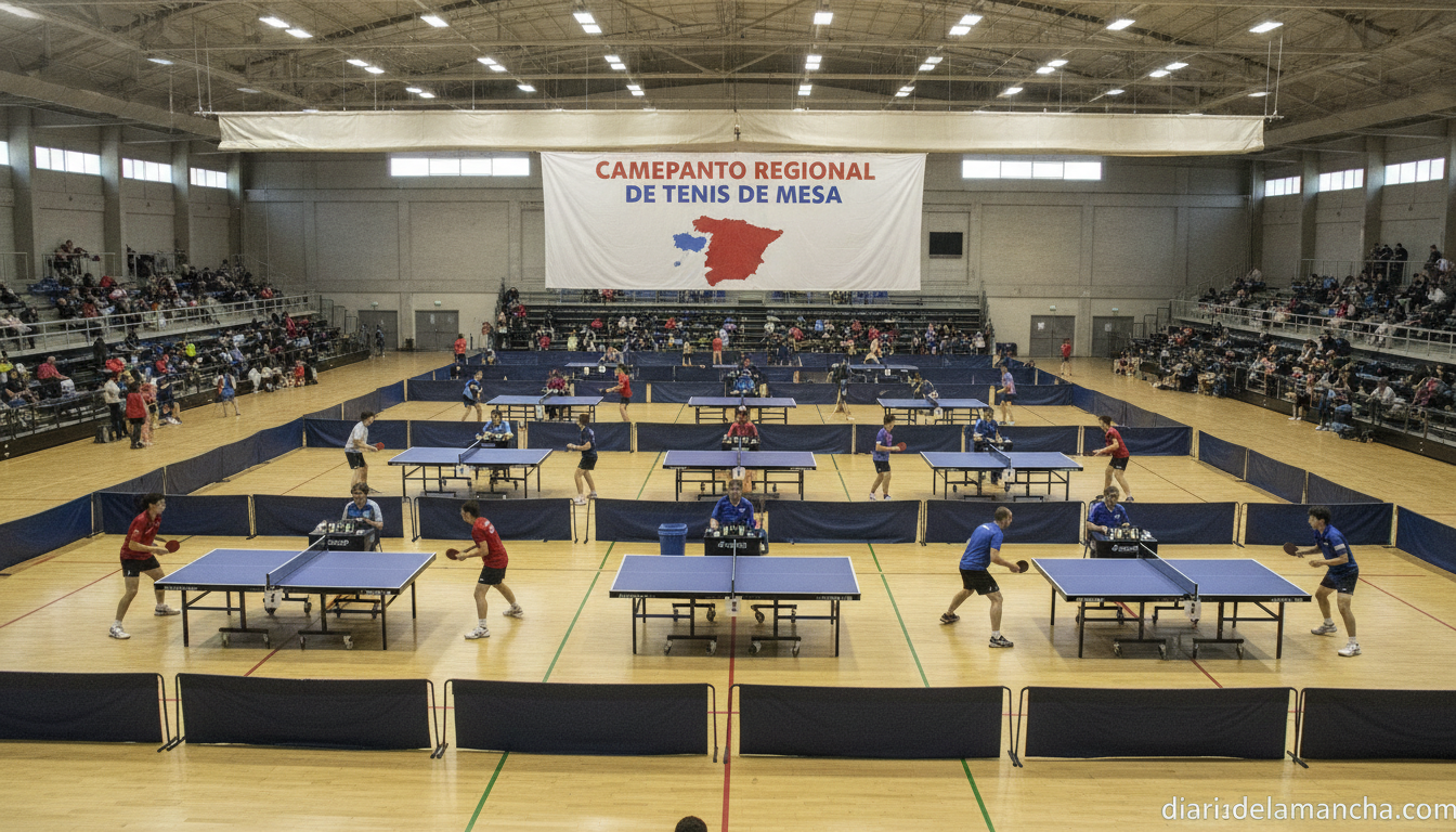 A table tennis regional championship inside a sports pavilion in Spain, ten competition tables set up in a large indoor sp...