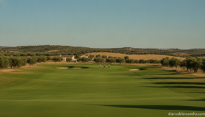 A serene golf course in Castilla-La Mancha, Spain, with green fairways under a clear blue sky, golfers in the distance pre...