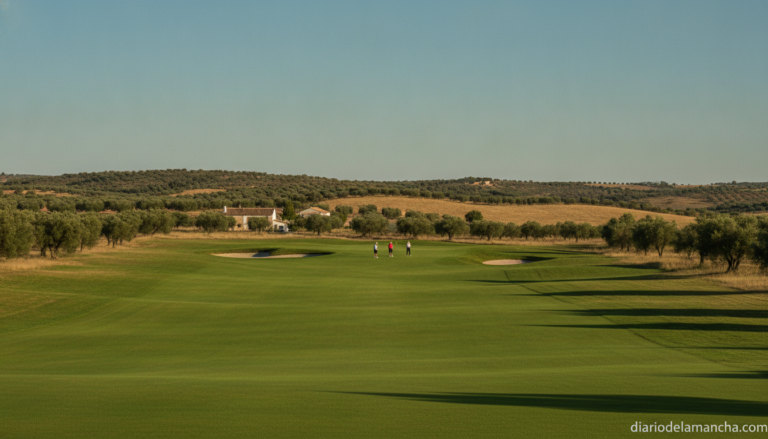A serene golf course in Castilla-La Mancha, Spain, with green fairways under a clear blue sky, golfers in the distance pre...