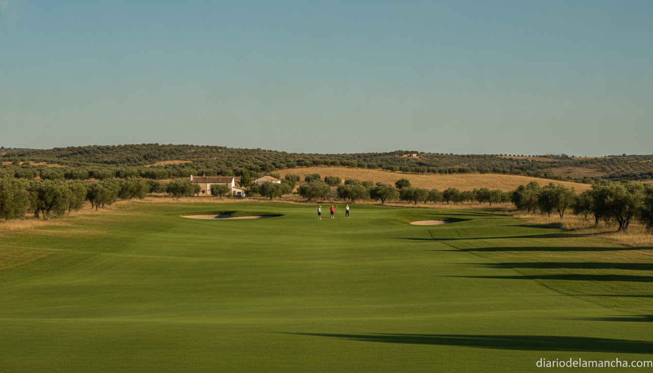 A serene golf course in Castilla-La Mancha, Spain, with green fairways under a clear blue sky, golfers in the distance pre...