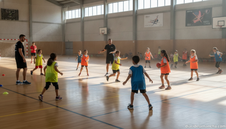 Niños practicando balonmano en el campus deportivo de Pozuelo de Calatrava
