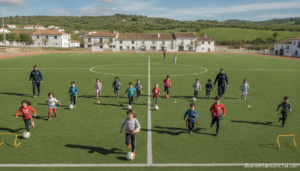 Group of children participating in outdoor sports activities at a summer sports campus in a small Spanish town, wearing sp...