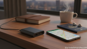Cargador portátil power bank junto a smartphone y mochila viaje