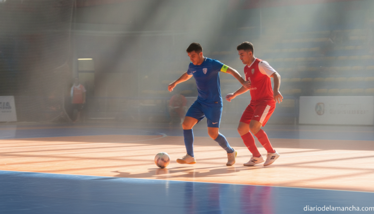 Indoor futsal match action shot, player in blue jersey dribbling past opponent on bright indoor court, dramatic lighting f...