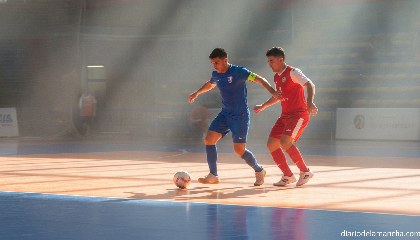 Indoor futsal match action shot, player in blue jersey dribbling past opponent on bright indoor court, dramatic lighting f...