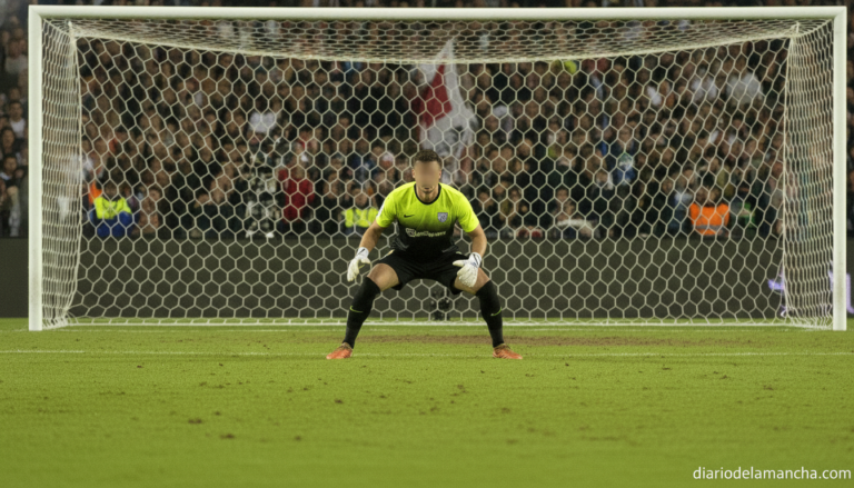 Soccer goalkeeper in team uniform positioned in front of goal net, stadium lights, football pitch with green grass, match ...