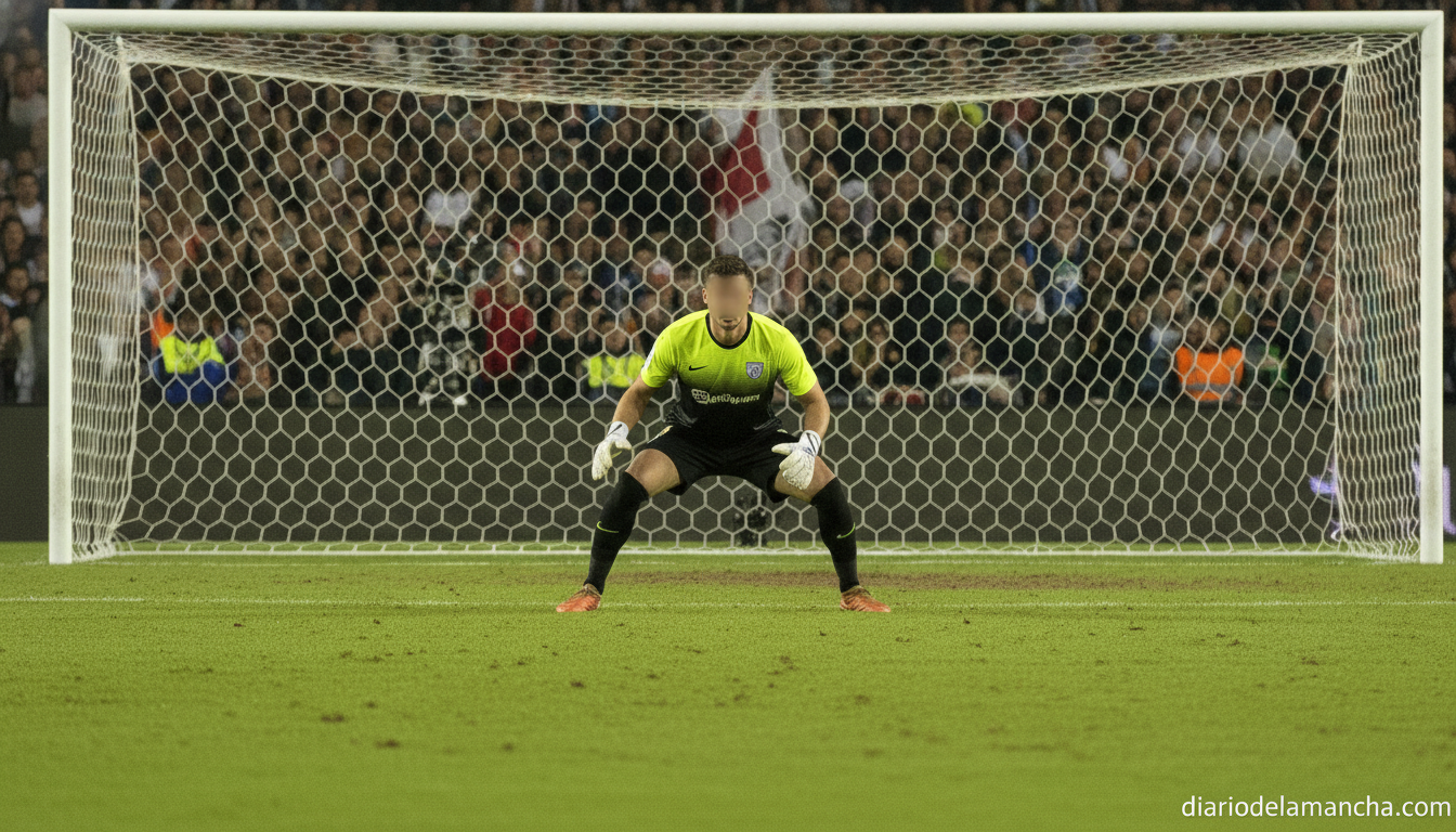 Soccer goalkeeper in team uniform positioned in front of goal net, stadium lights, football pitch with green grass, match ...