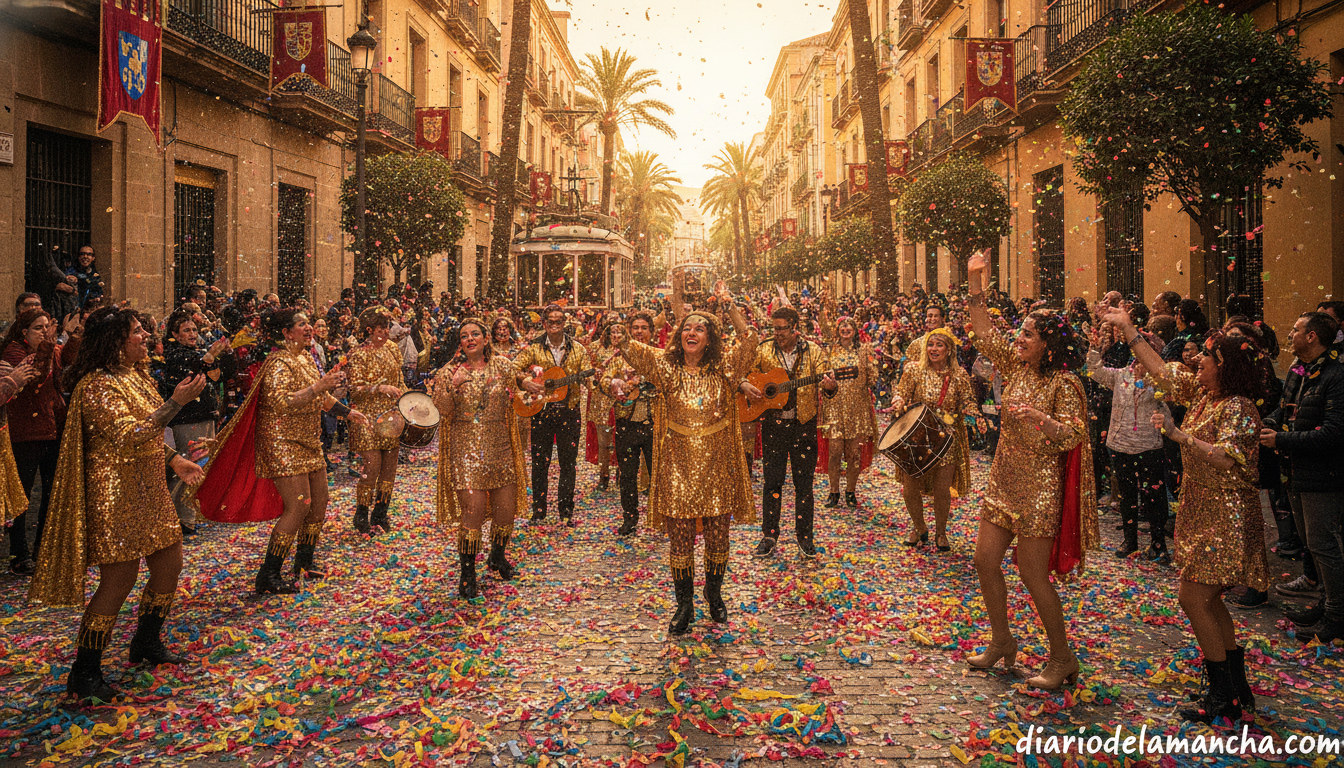 Escena de carnaval en Sevilla con disfraces y confeti de colores