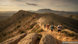 Mountain trail running race in Castilla-La Mancha Spain, runners on a mountain trail in a rocky landscape, morning light, ...